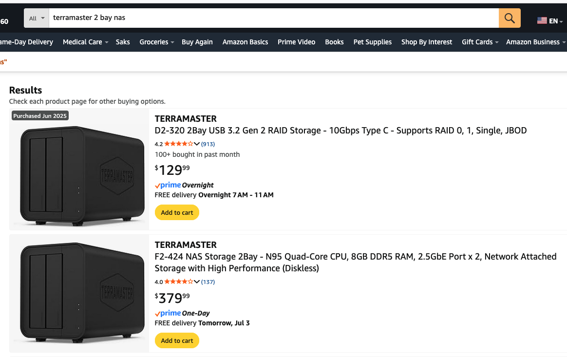 amazon search results showing a HD enclosure under a search for “terramaster 2 bay NAS”