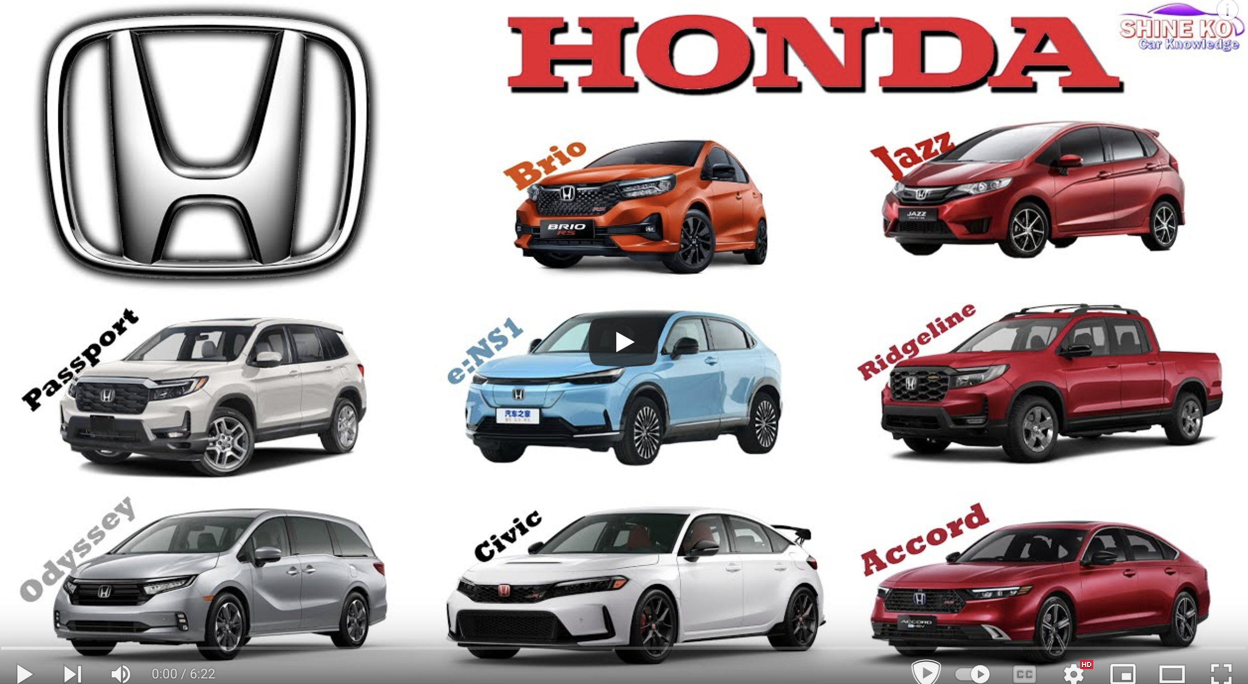 Hondas, including the Brio, Jazz, Passport, Ridgeline, Odyssey, Civic, Accord, and e:NS1